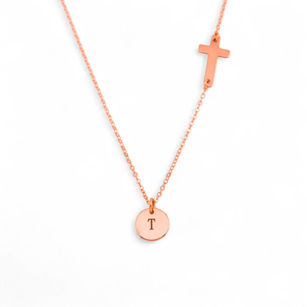 Initials Disc Charm and Sideways Cross Necklace, 3/8-inch Disc