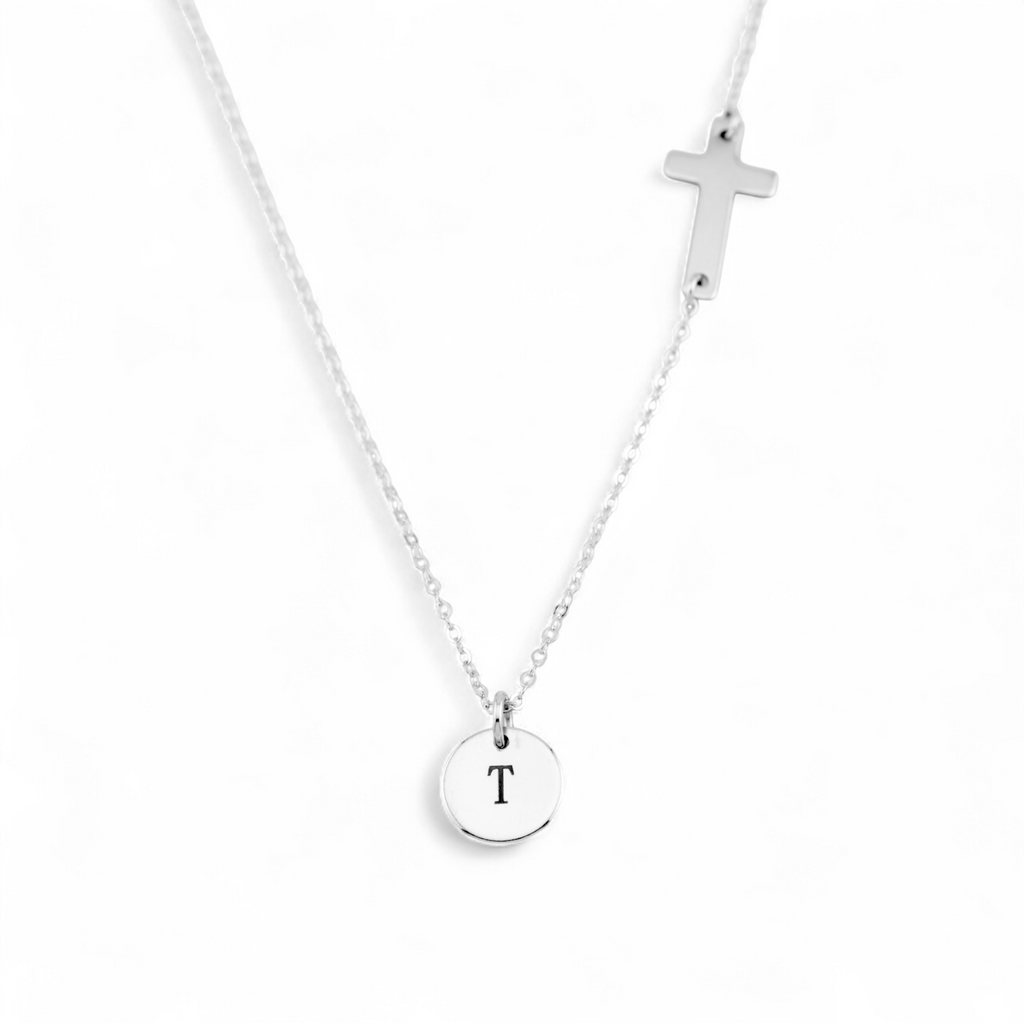 Initials Disc Charm and Sideways Cross Necklace, 3/8-inch Disc