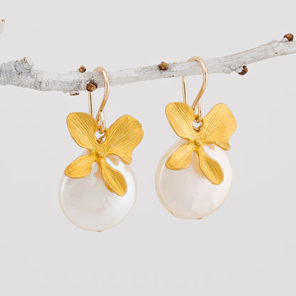 Dangle Four petals Orchid and Coin Pearl Earrings