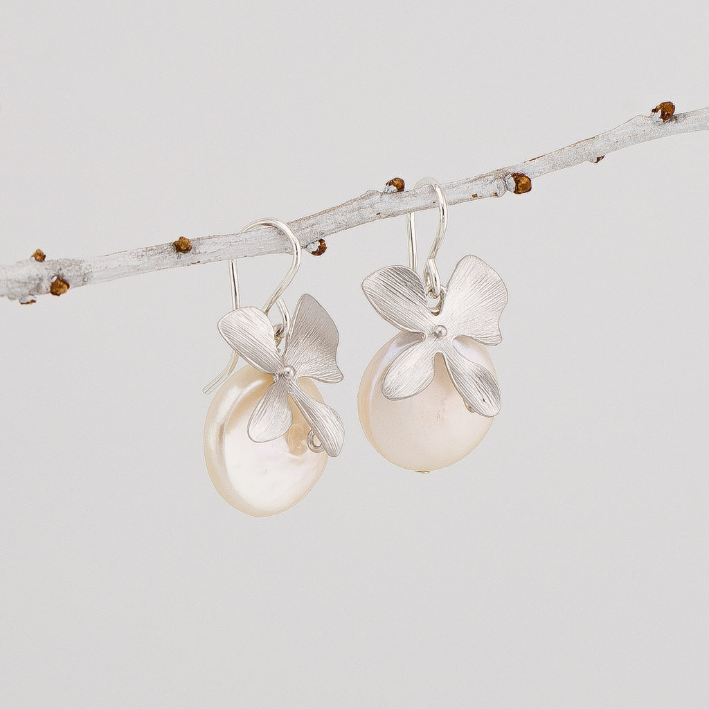 Dangle Four petals Orchid and Coin Pearl Earrings