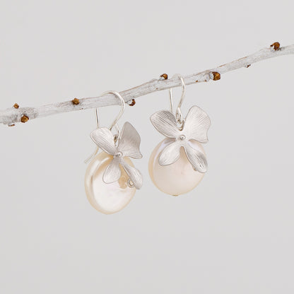 Dangle Four petals Orchid and Coin Pearl Earrings