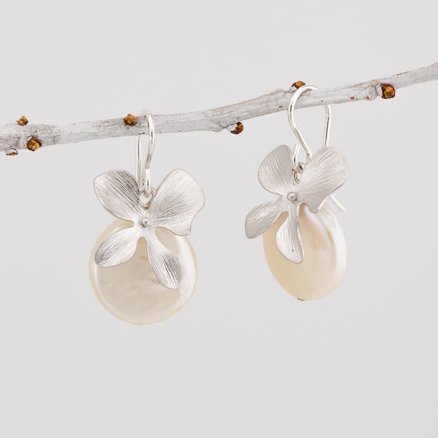 Dangle Four petals Orchid and Coin Pearl Earrings