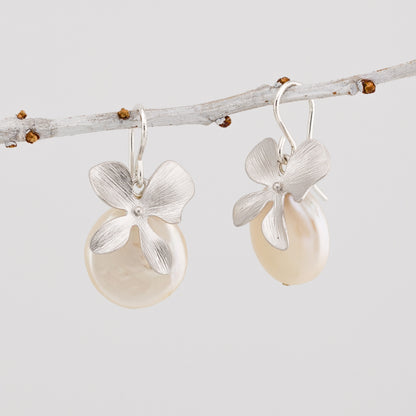 Dangle Four petals Orchid and Coin Pearl Earrings