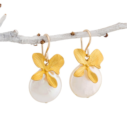Dangle Four petals Orchid and Coin Pearl Earrings