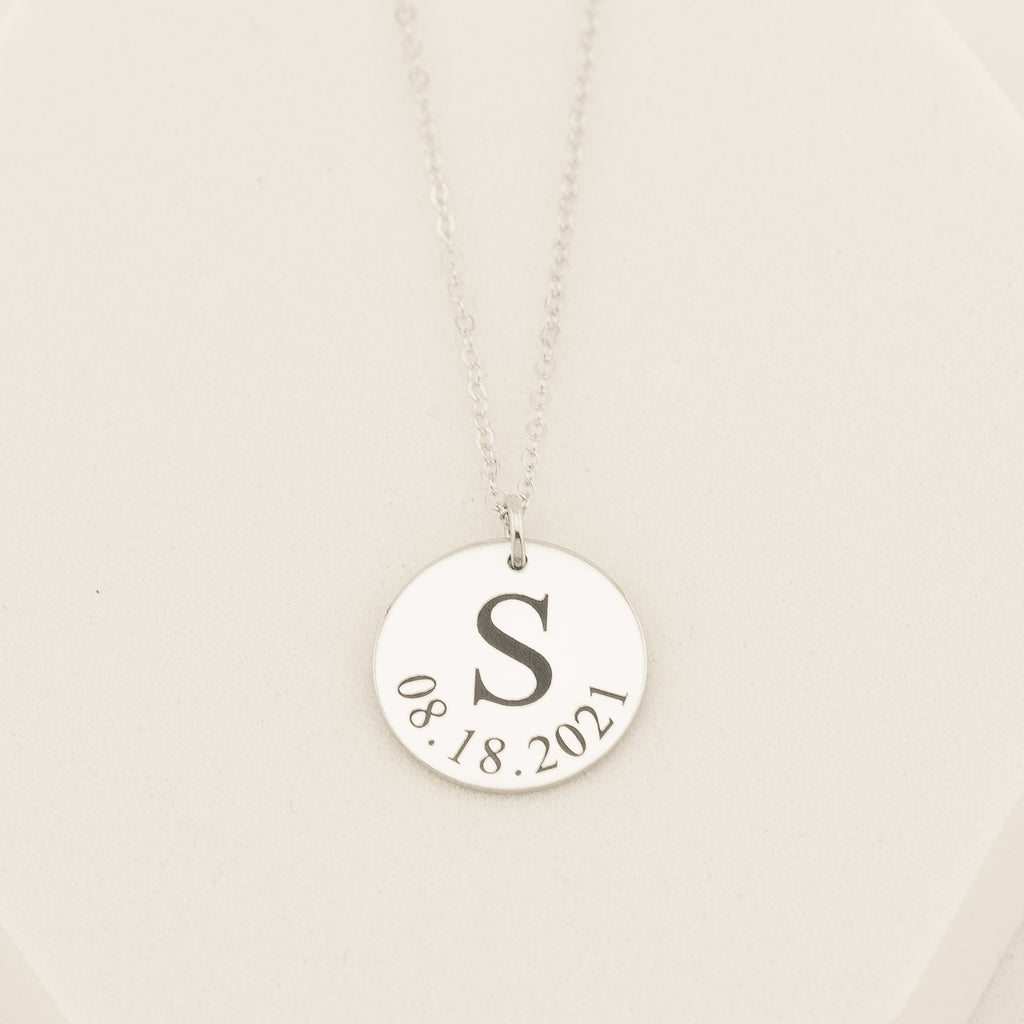 Personalized Initial and Birth Date Pendant Necklace, 5/8-inch Disc