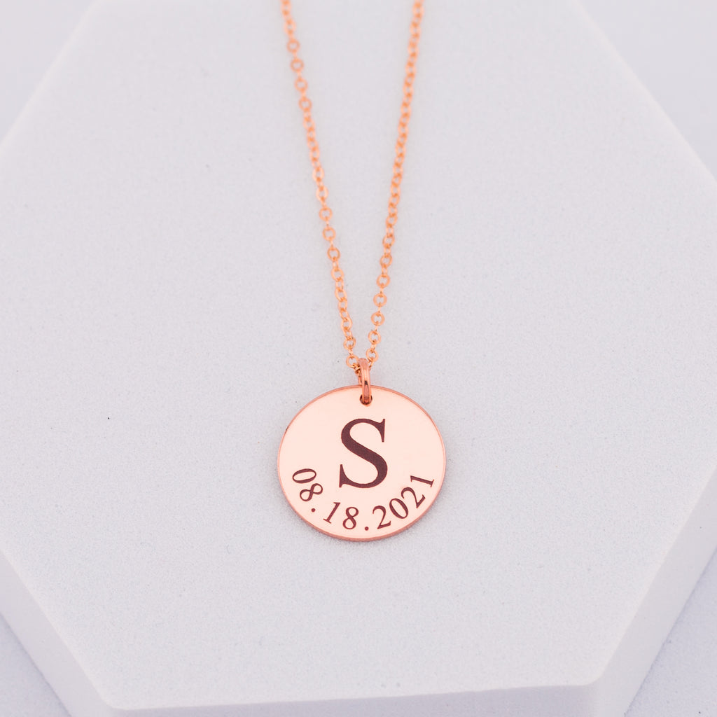 Personalized Initial and Birth Date Pendant Necklace, 5/8-inch Disc