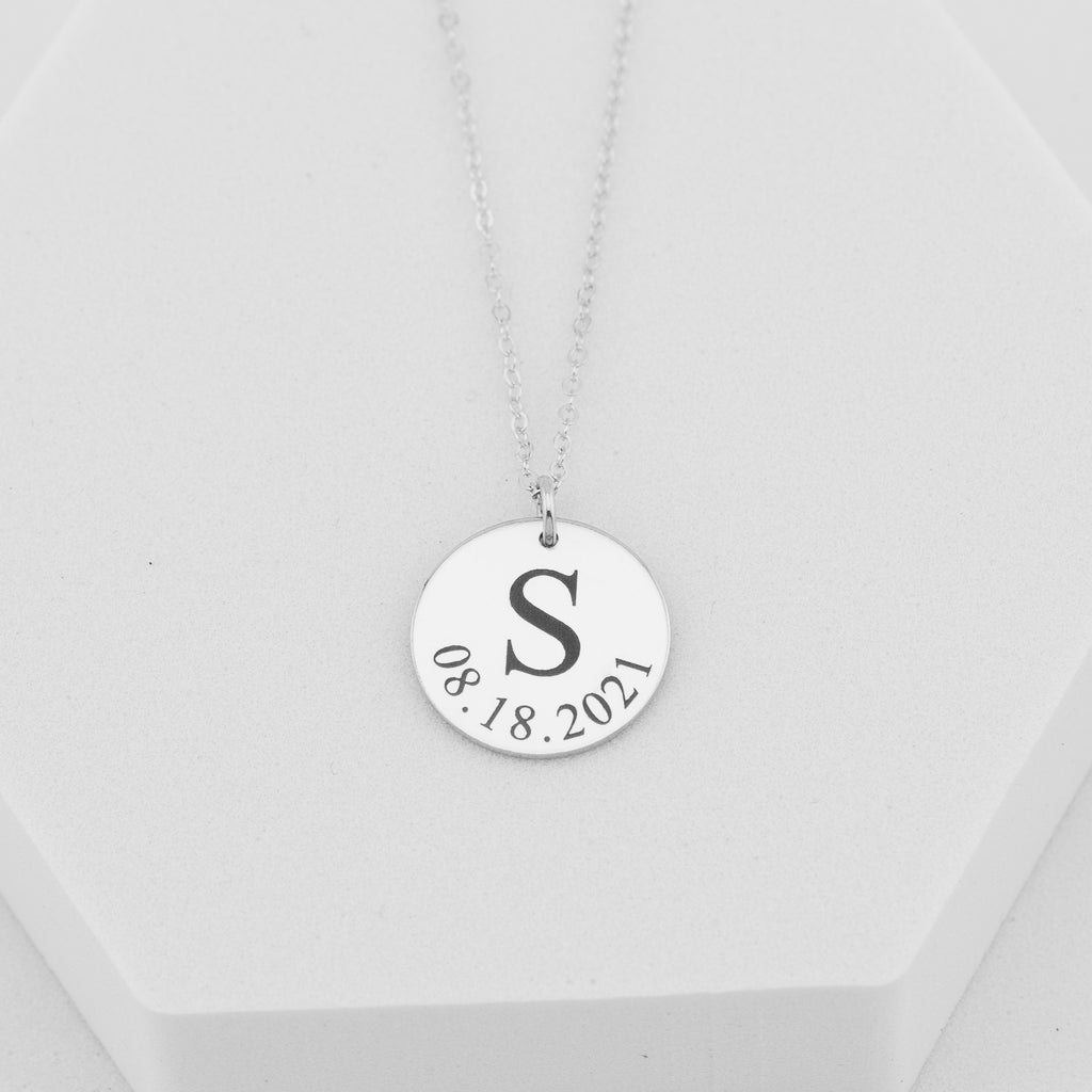 Personalized Initial and Birth Date Pendant Necklace, 5/8-inch Disc