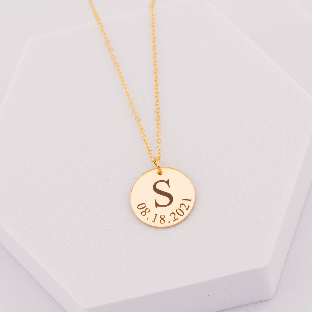 Personalized Initial and Birth Date Pendant Necklace, 5/8-inch Disc