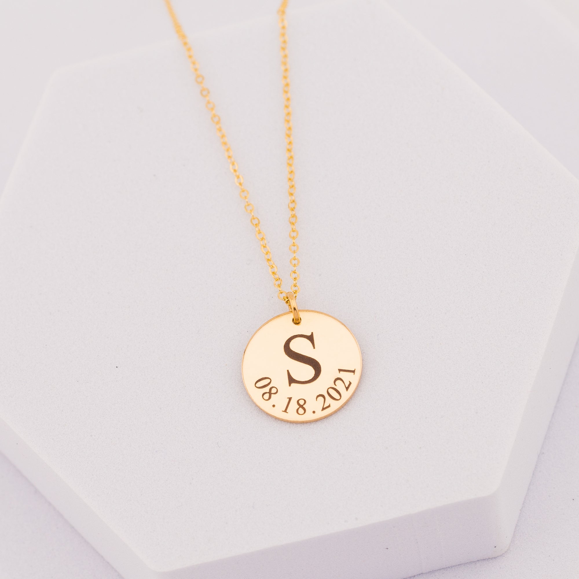 Personalized Initial and Birth Date Pendant Necklace, 5/8-inch Disc