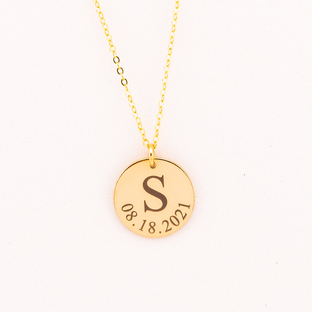 Personalized Initial and Birth Date Pendant Necklace, 5/8-inch Disc