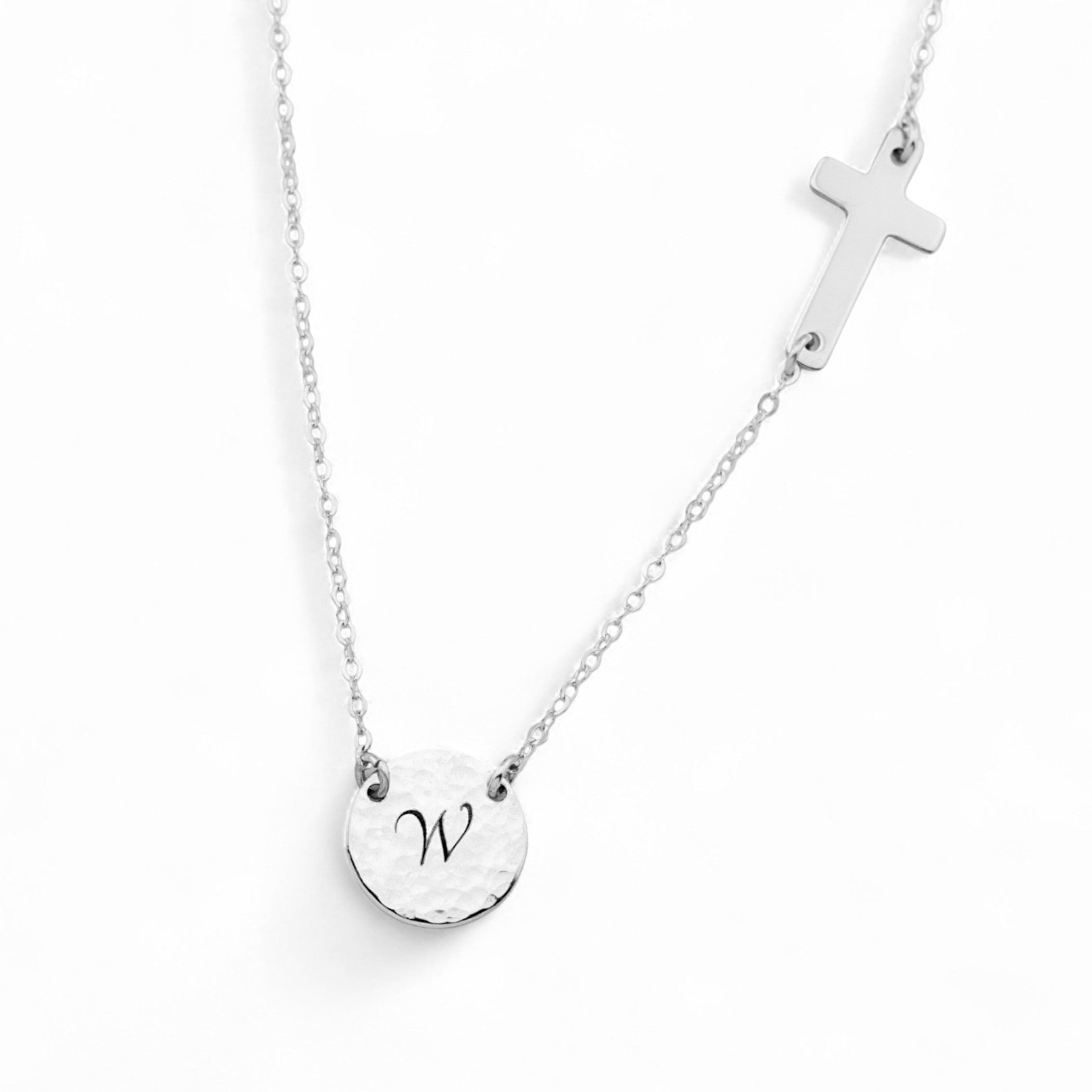 Customized Sideways Cross and Monogram Link Disc 7/16" Necklace