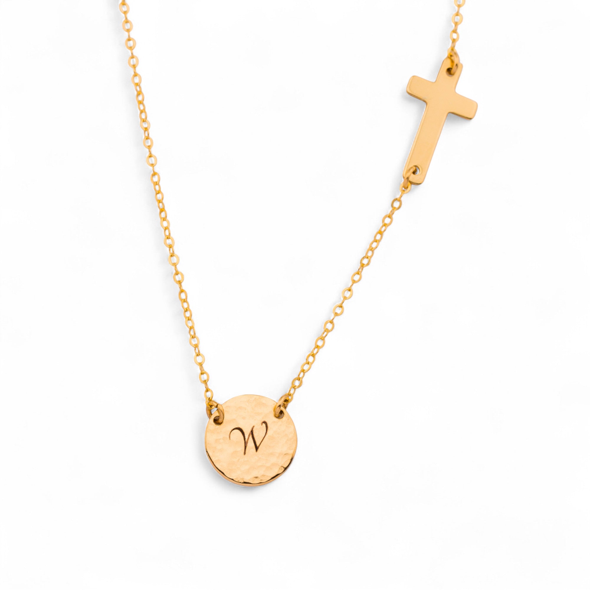 Customized Sideways Cross and Monogram Link Disc 7/16" Necklace