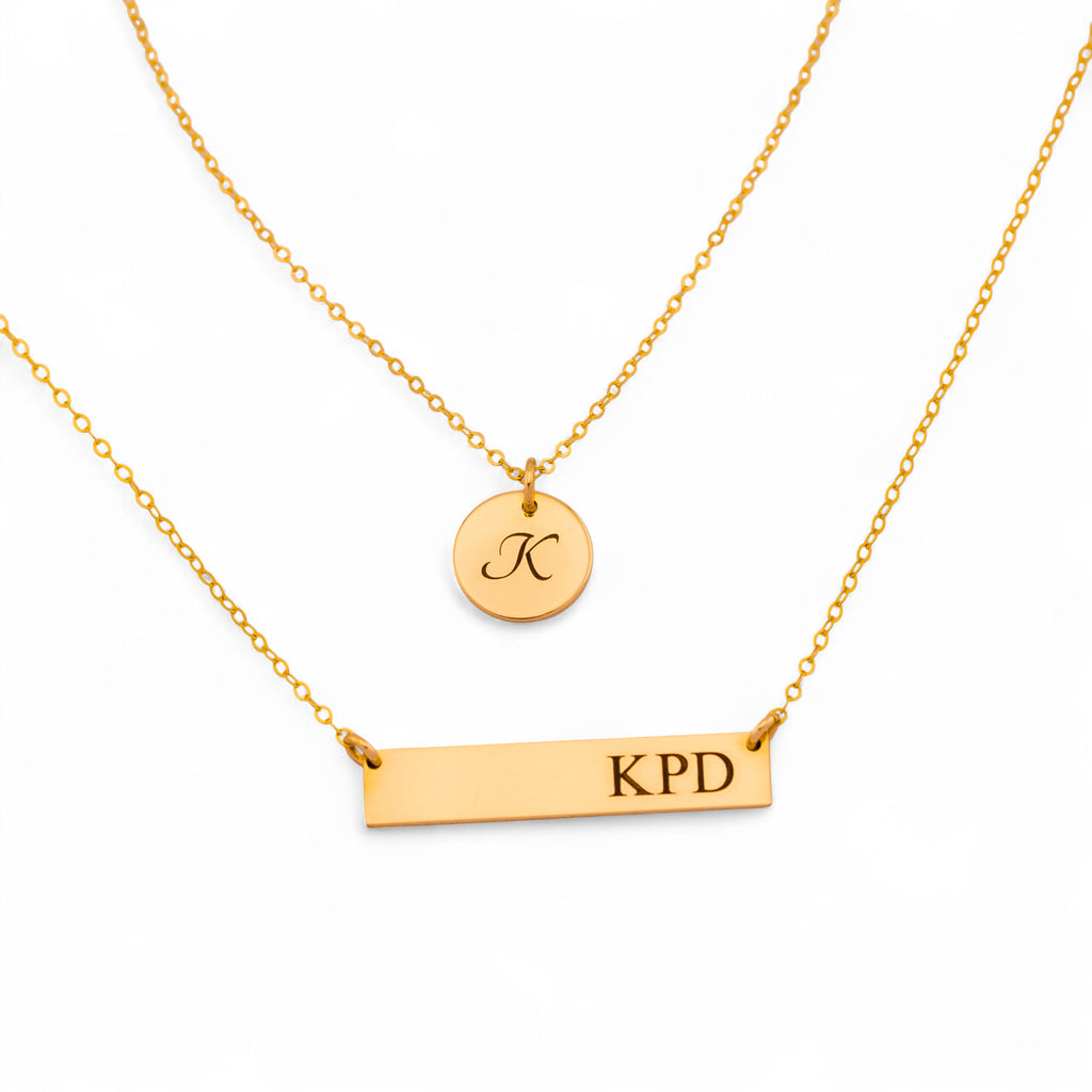 Customized Engraved Bar and Disc Pendant Layered Necklace Set, 7/16-inch Disc and 1.25-inch Bar