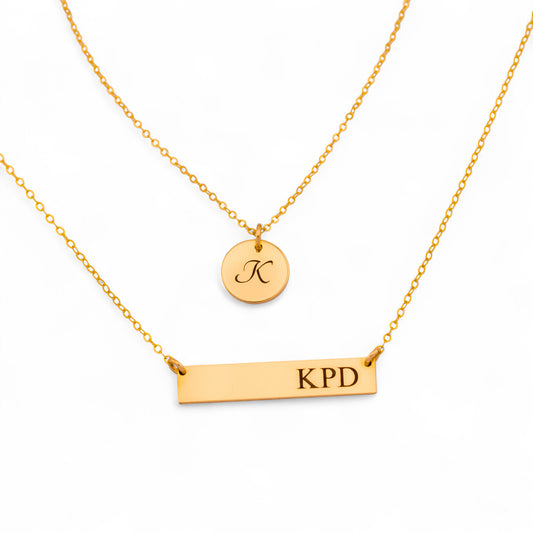 Customized Engraved Bar and Disc Pendant Layered Necklace Set, 7/16-inch Disc and 1.25-inch Bar
