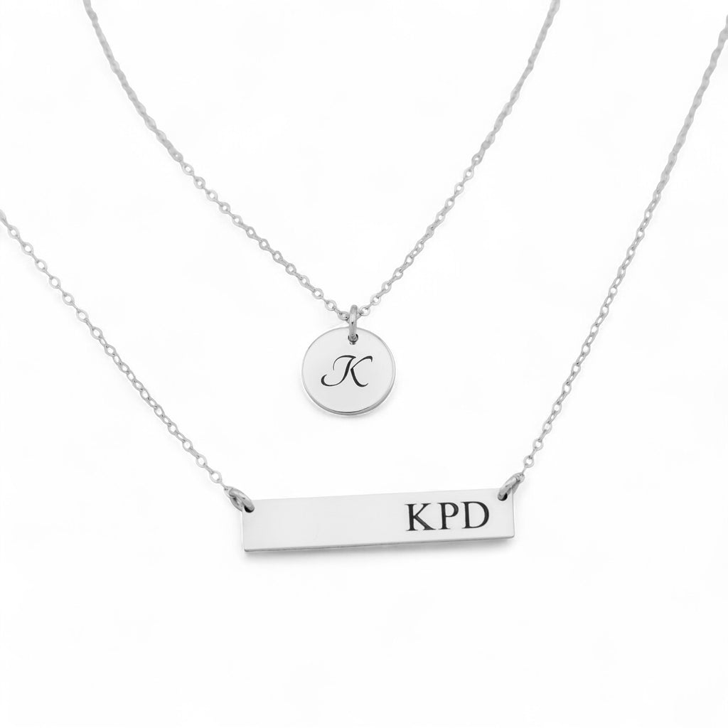 Customized Engraved Bar and Disc Pendant Layered Necklace Set, 7/16-inch Disc and 1.25-inch Bar