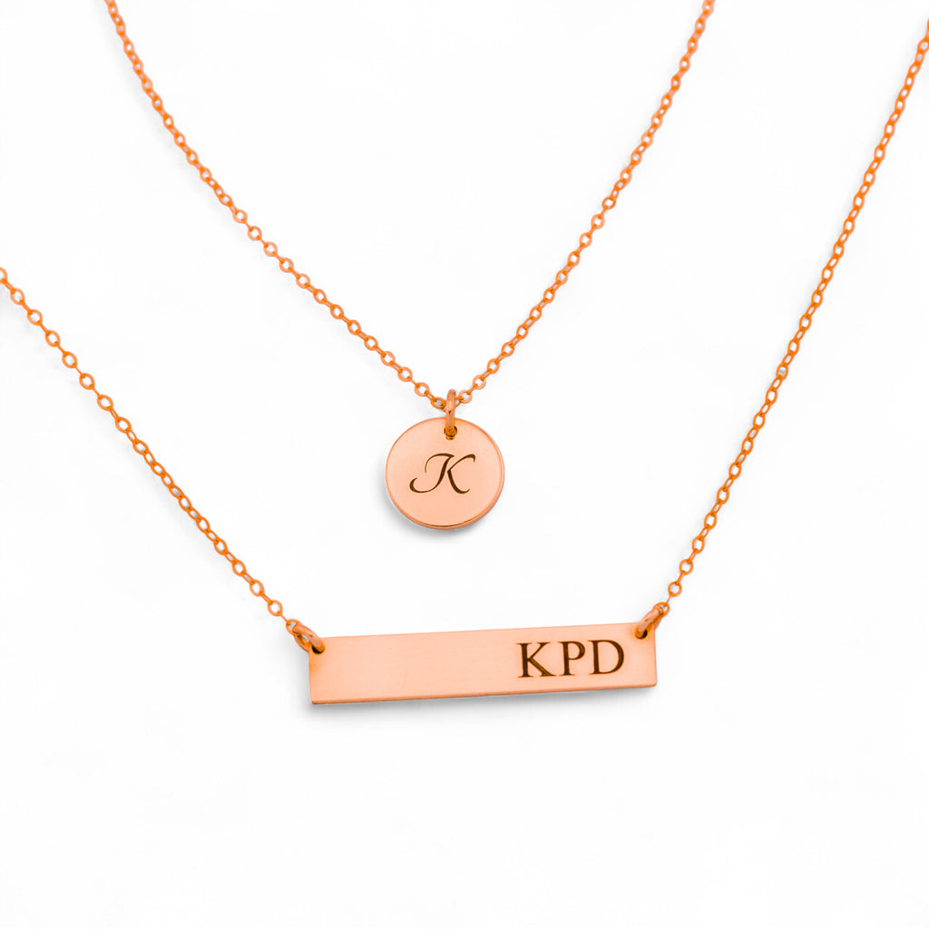 Customized Engraved Bar and Disc Pendant Layered Necklace Set, 7/16-inch Disc and 1.25-inch Bar