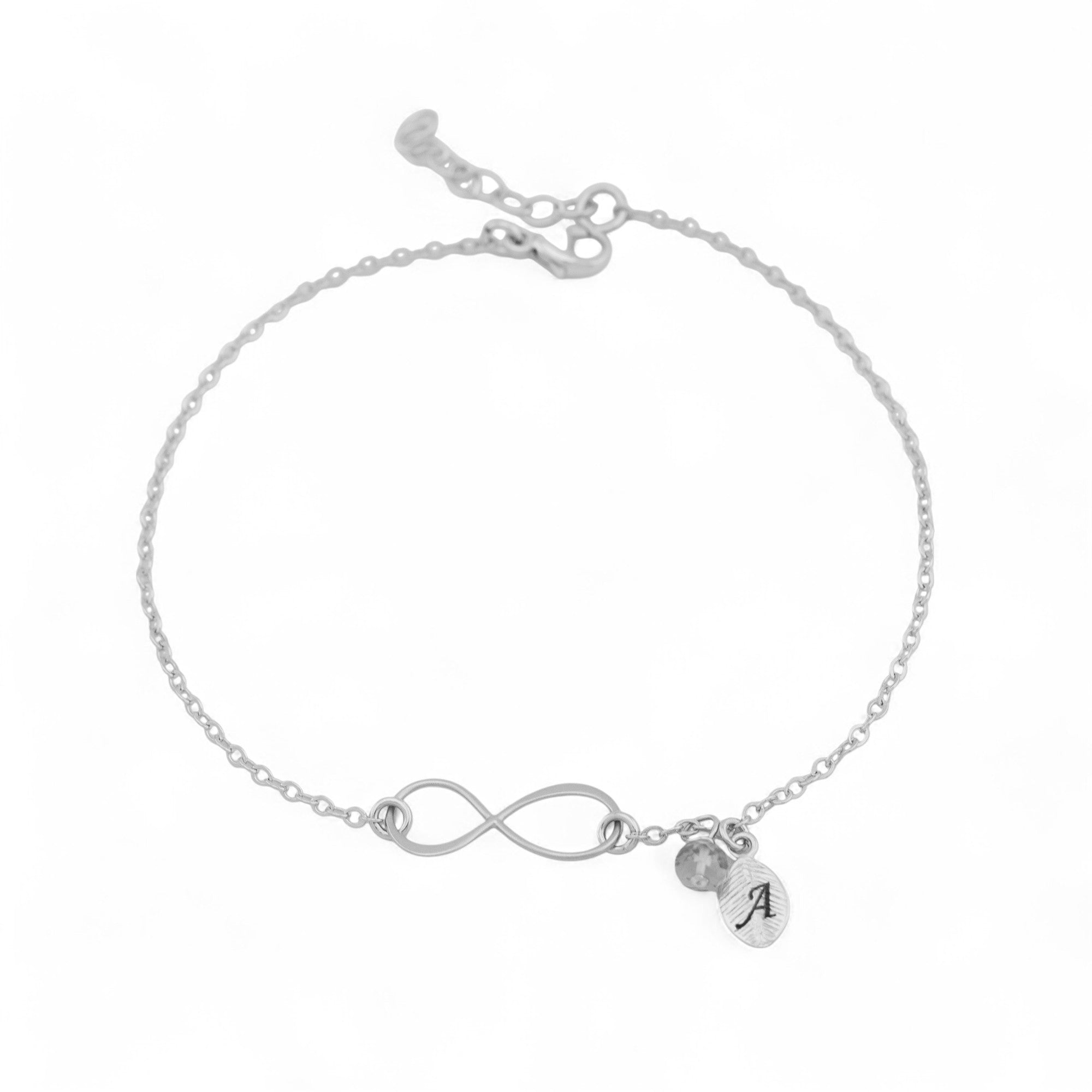 Small Infinity Bracelet with Customized Birthstone and Initial Leaf