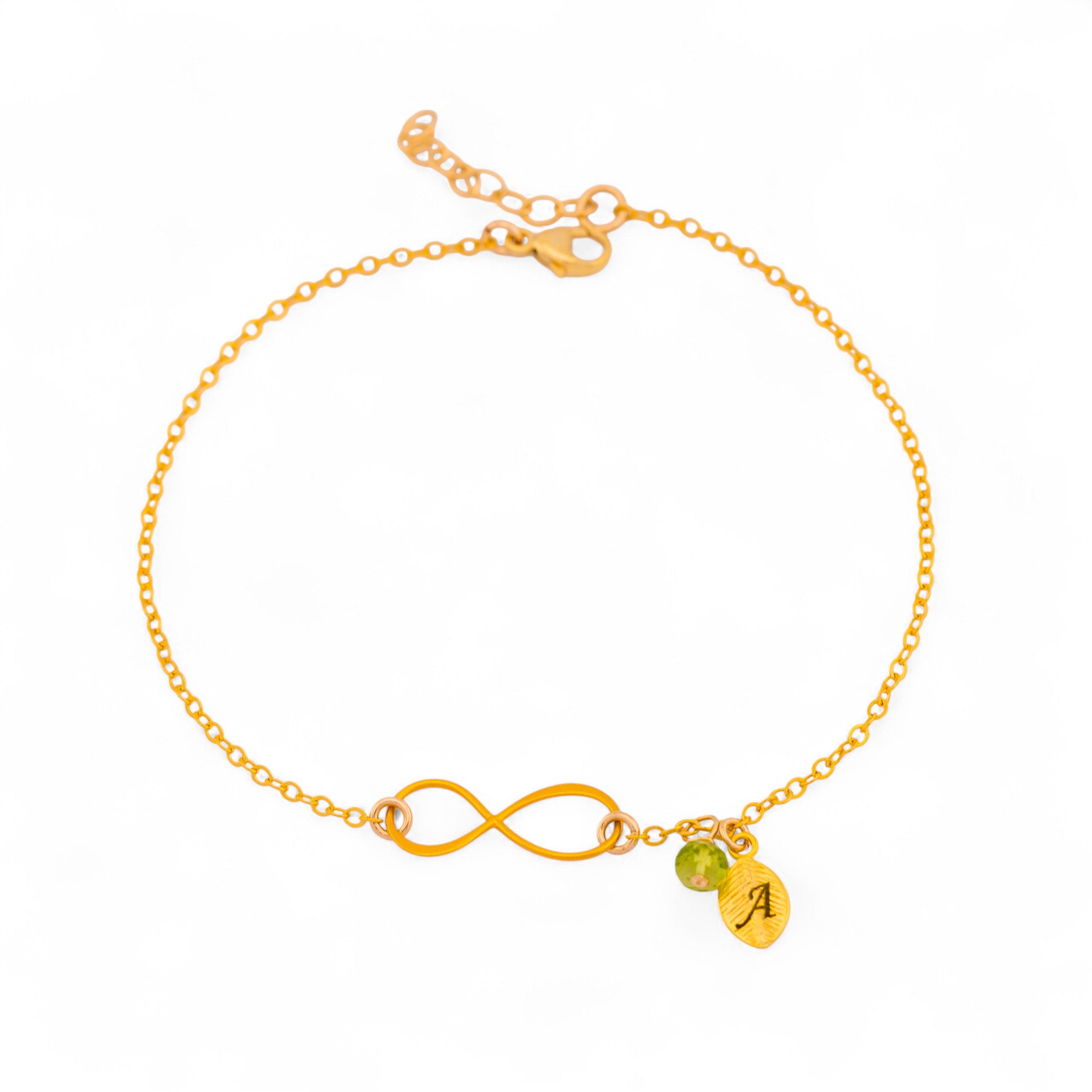 Small Infinity Bracelet with Customized Birthstone and Initial Leaf