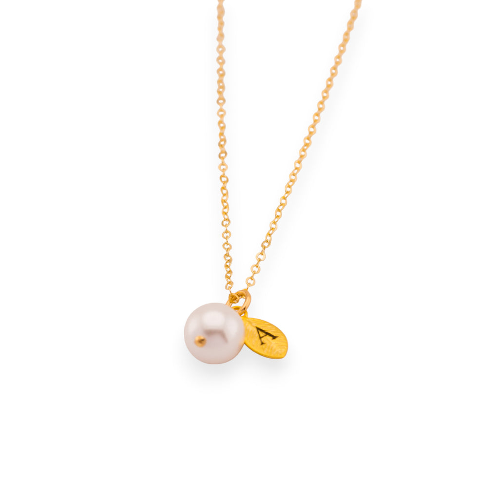 Initial Leaf Pendant Charm Pearl Necklace