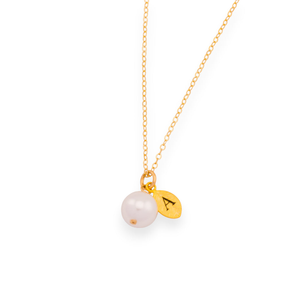 Initial Leaf Pendant Charm Pearl Necklace