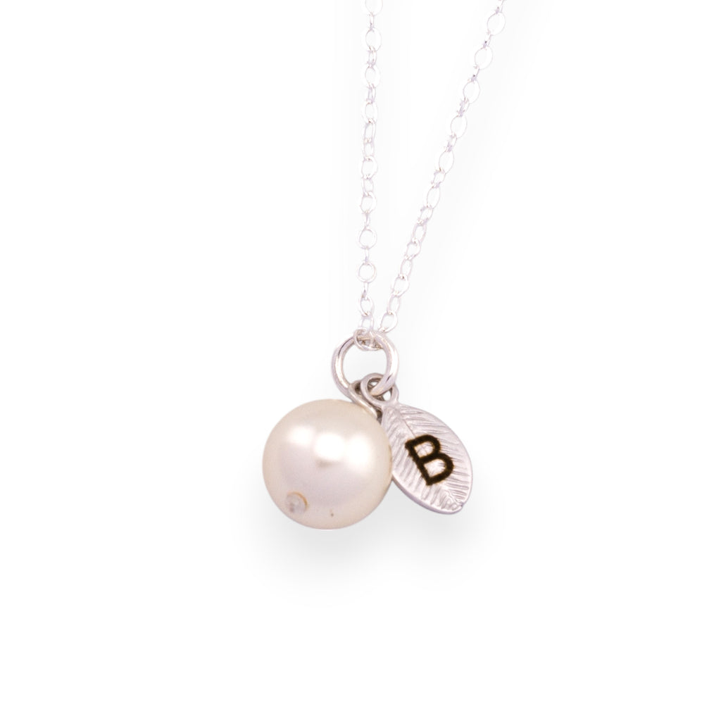 Initial Leaf Pendant Charm Pearl Necklace