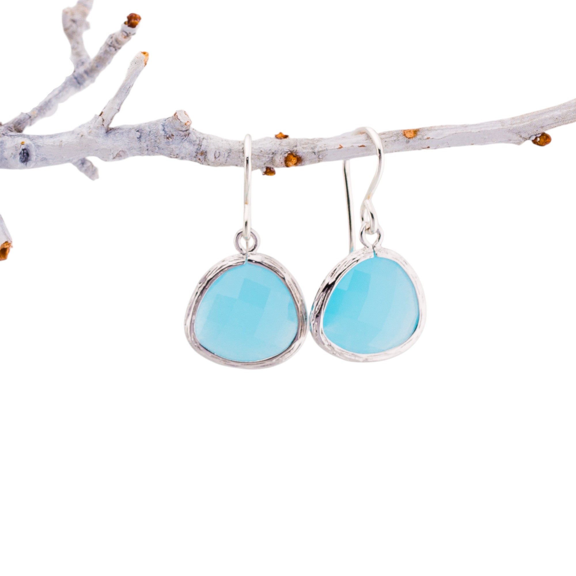 Opal Blue Glass Drops Bezel Trimmed Earrings