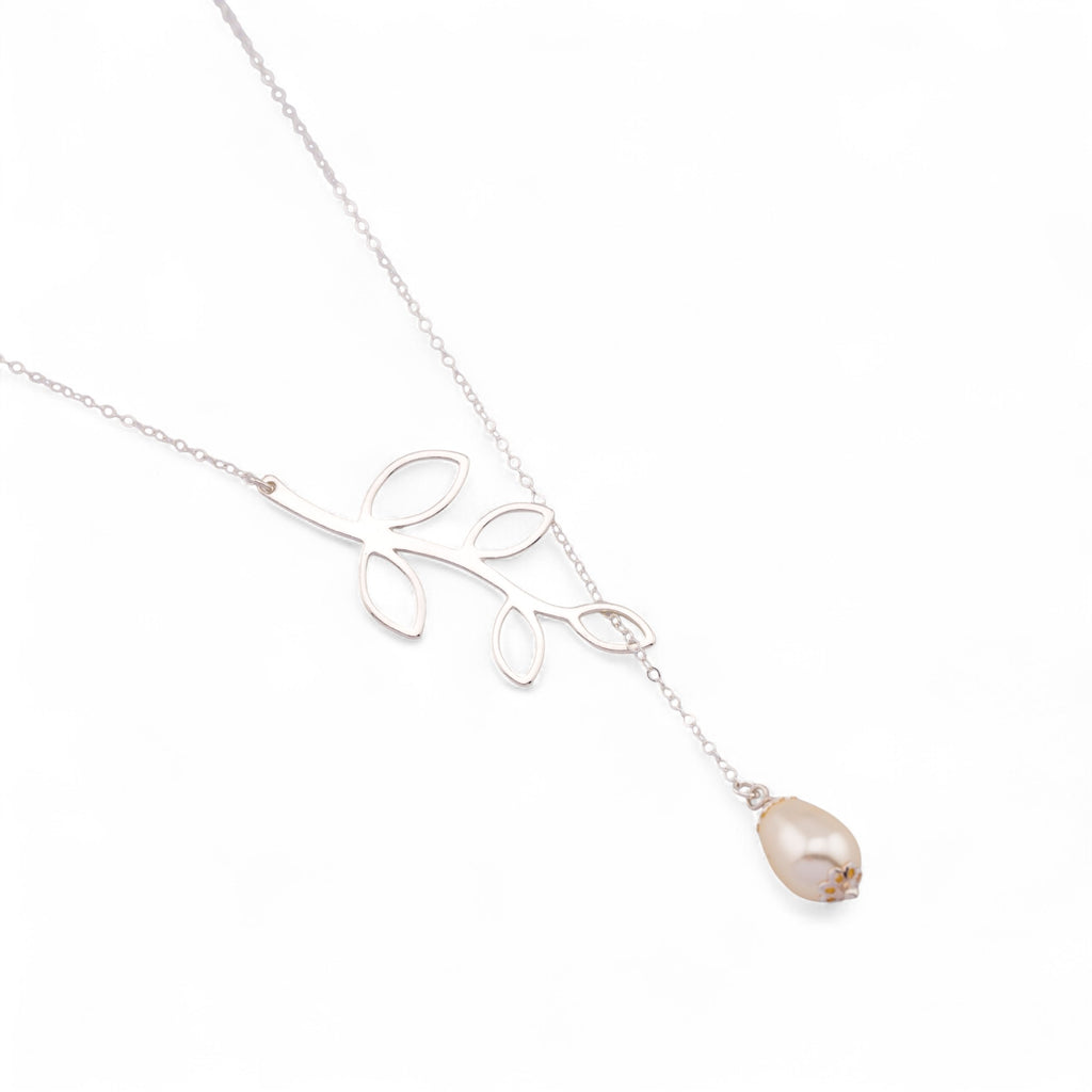 Dainty Teardrop White Pearl on Branch Leaf Necklace