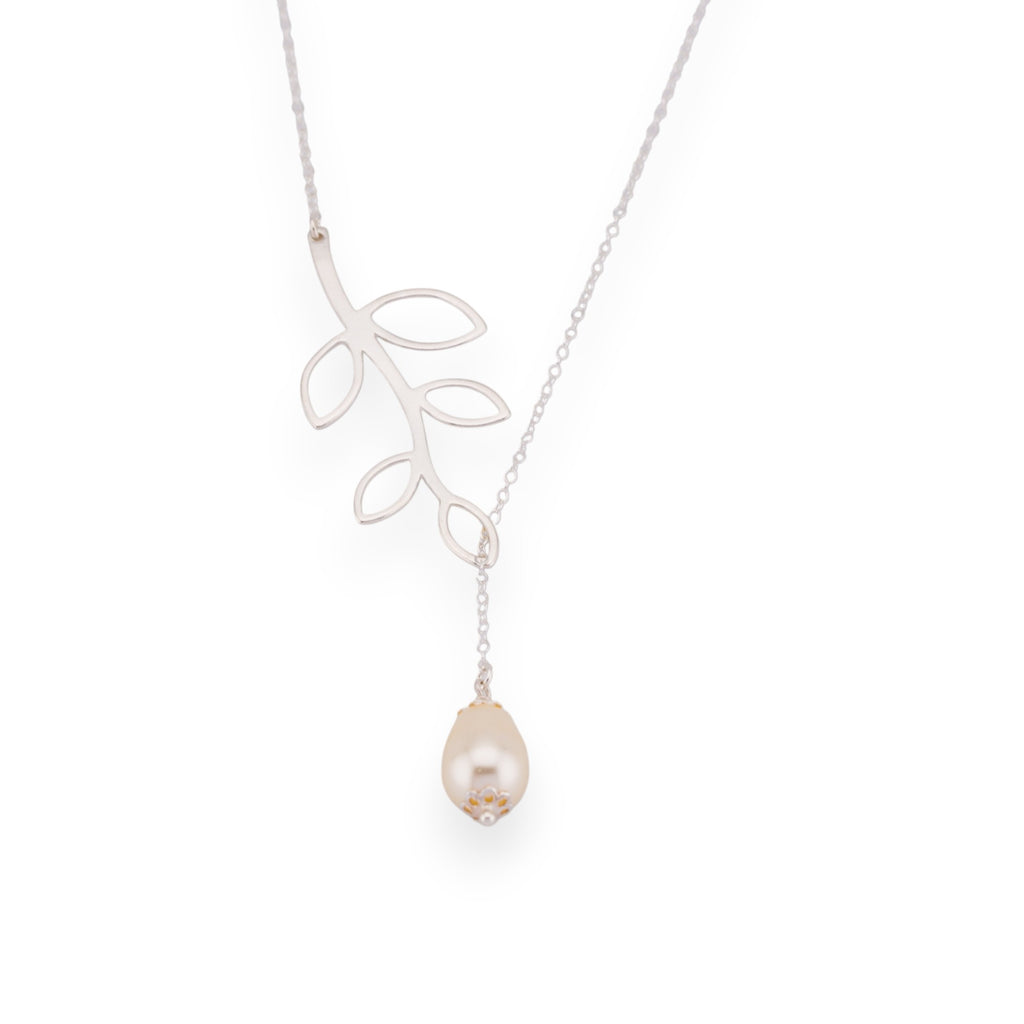 Dainty Teardrop White Pearl on Branch Leaf Necklace