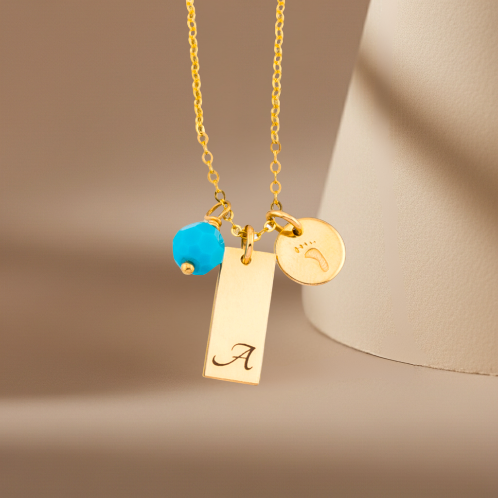 Personalized Name Bar Necklace, Birthstone Necklace and Baby Foot Charm
