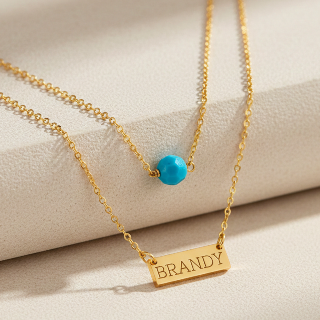 Birthstone and Mini Bar Pendant Layered Necklace Set