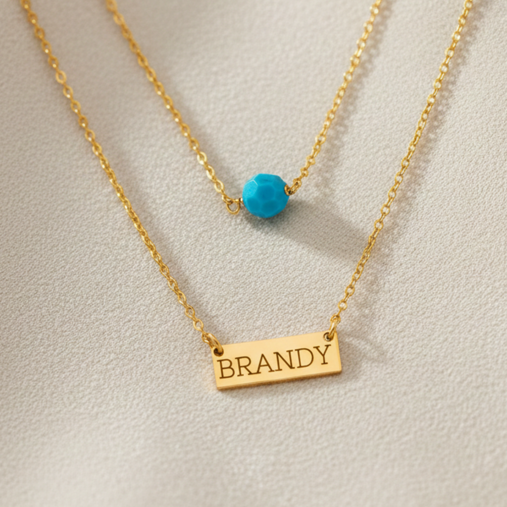 Birthstone and Mini Bar Pendant Layered Necklace Set