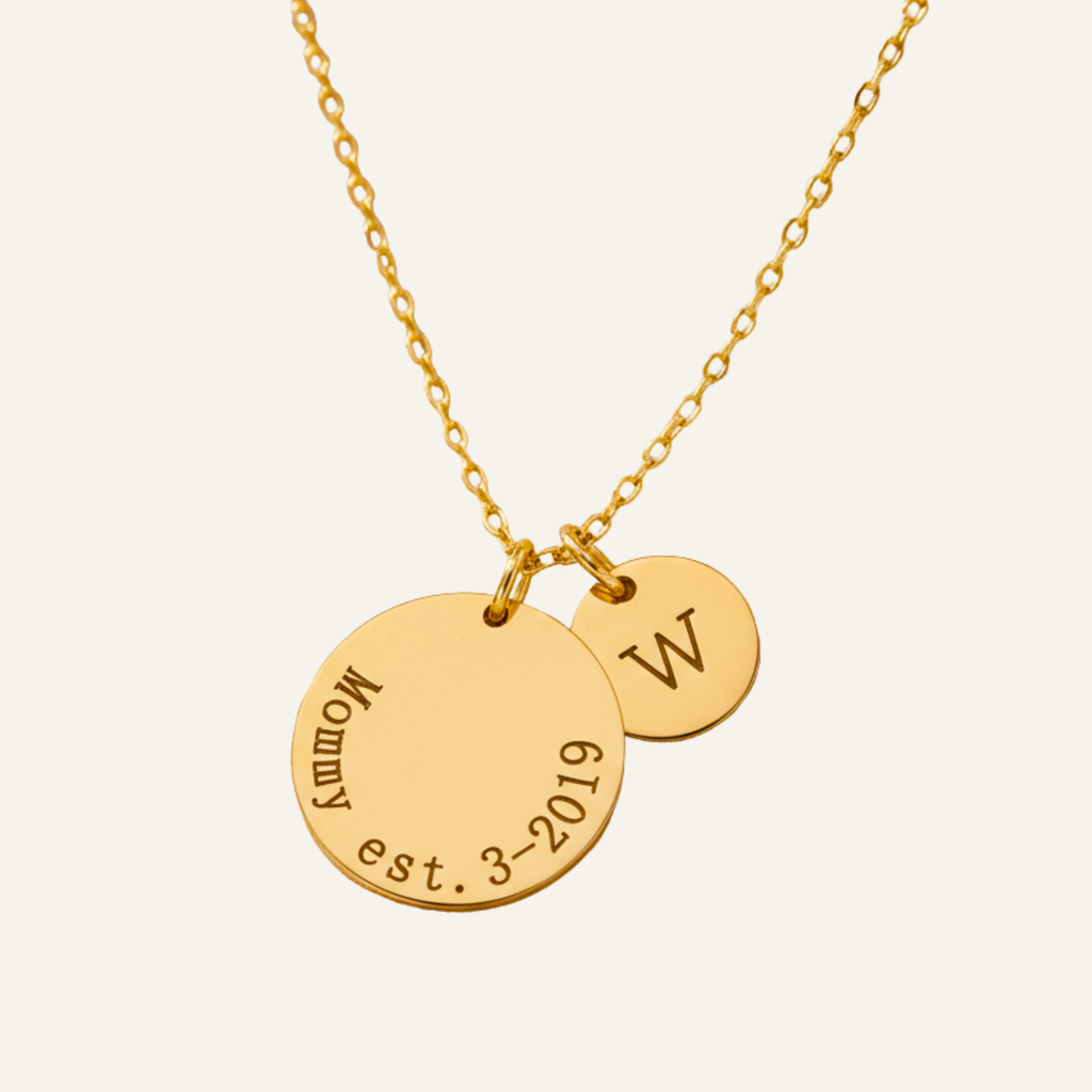 Personalized New Mom Circle Necklace, 5/8" and 3/8" Discs