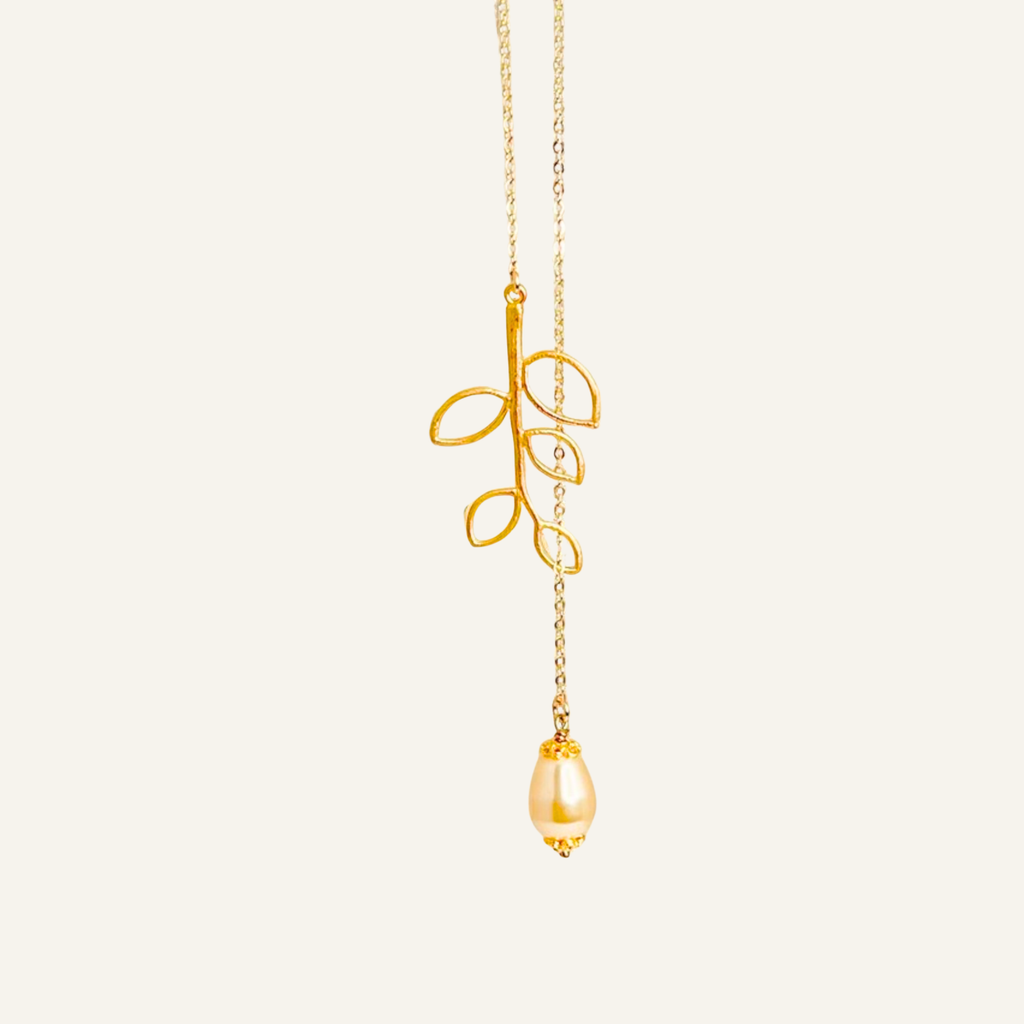 Dainty Teardrop White Pearl on Branch Leaf Necklace, Elegant Pearl Drop Necklace – Branch Leaf Design, Bridesmaid Jewelry – Nature Jewelry for Women
