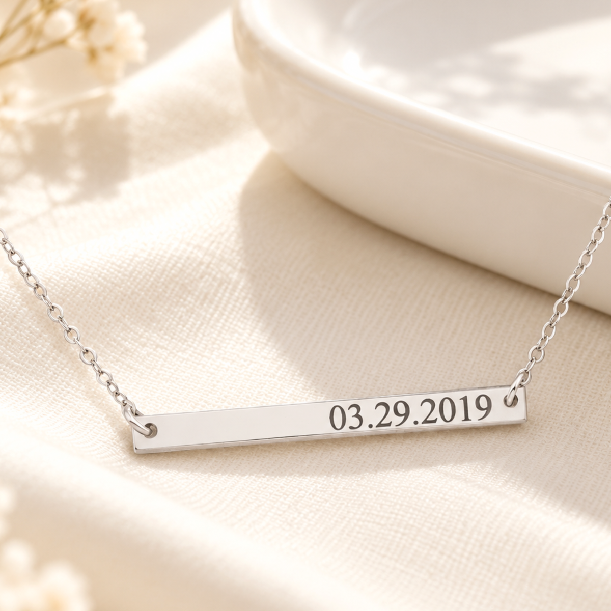 Personalized Skinny Horizontal Bar Necklace – Engraved Keepsake