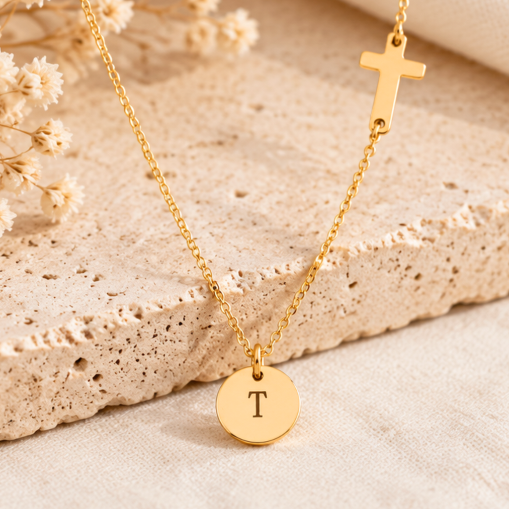 Sideways Cross Necklace – Initial Disc Charm