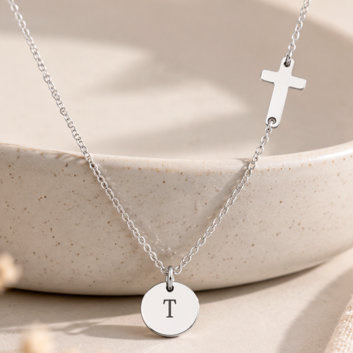 Sideways Cross Necklace – Initial Disc Charm