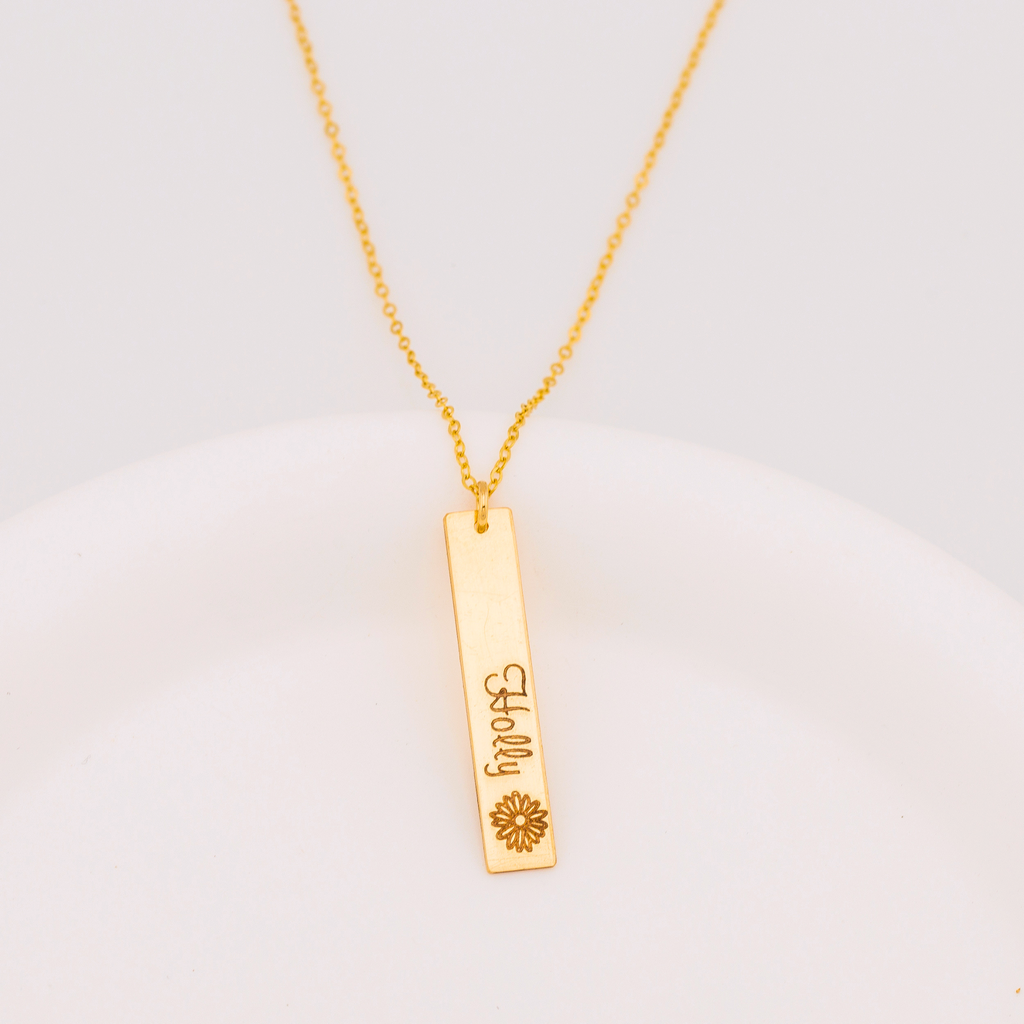 Vertical Name Bar Necklace with Birth Flower