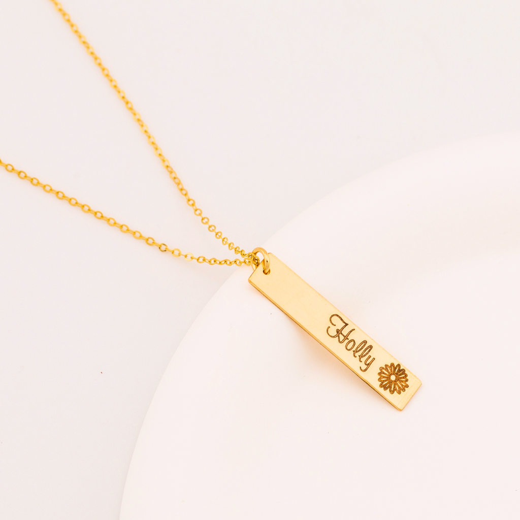 Vertical Name Bar Necklace with Birth Flower