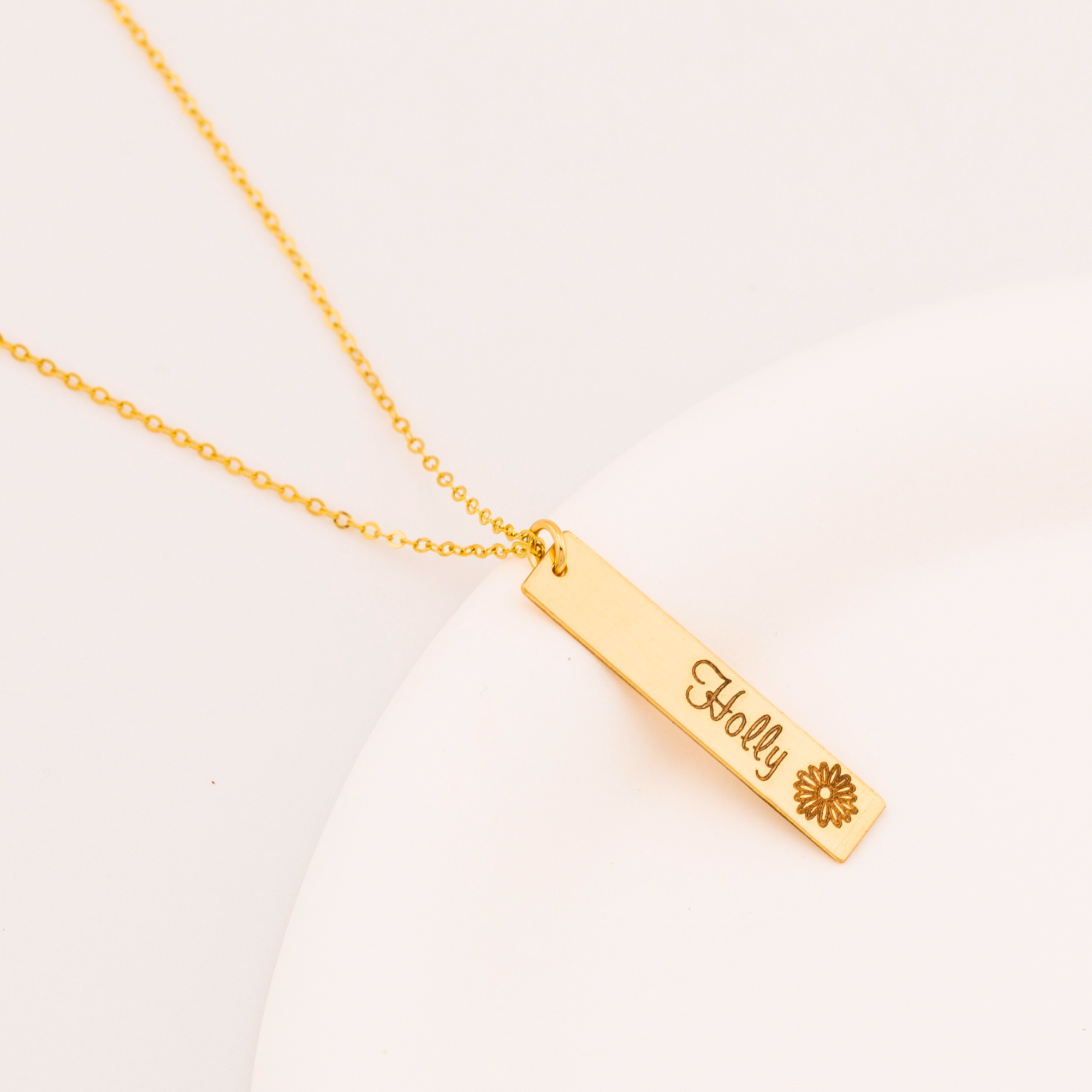 Vertical Name Bar Necklace with Birth Flower