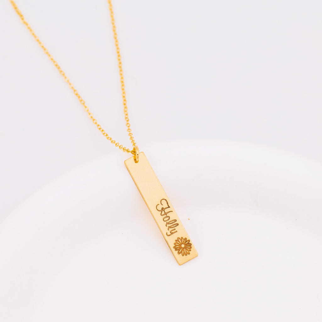 Vertical Name Bar Necklace with Birth Flower