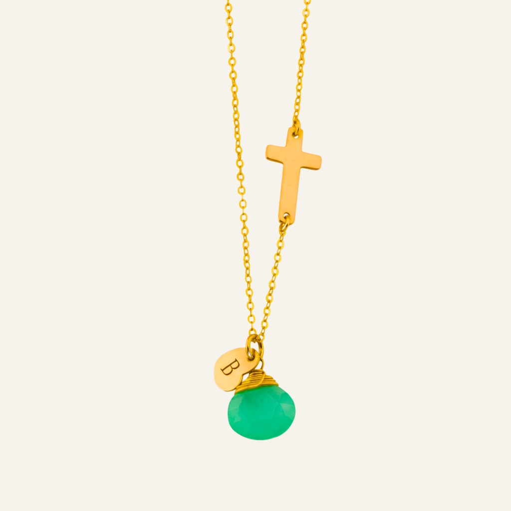 Personalized Small Sideways Cross and Birthstone Necklace