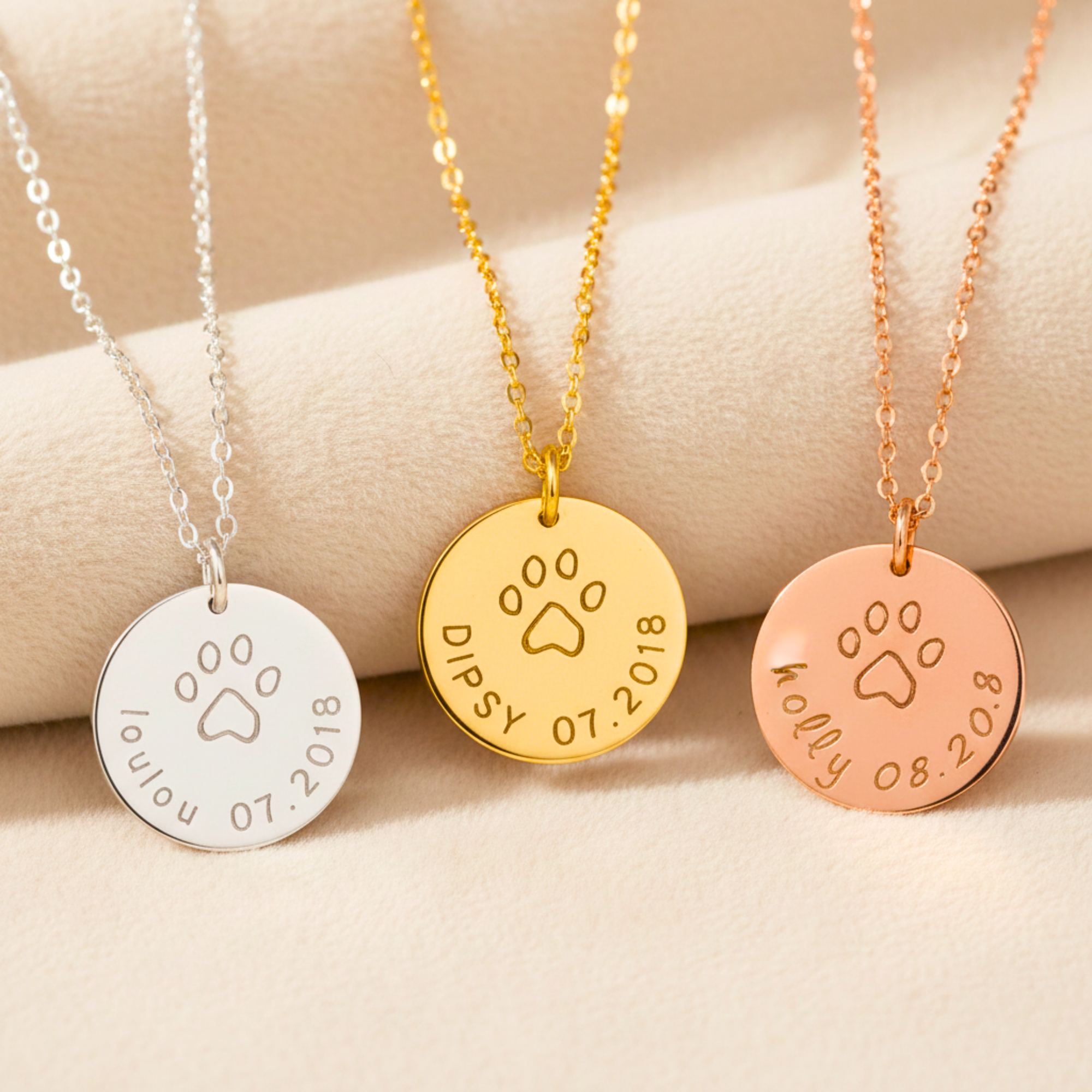 Name and Date Dog Paw Necklace, 5/8" Disc