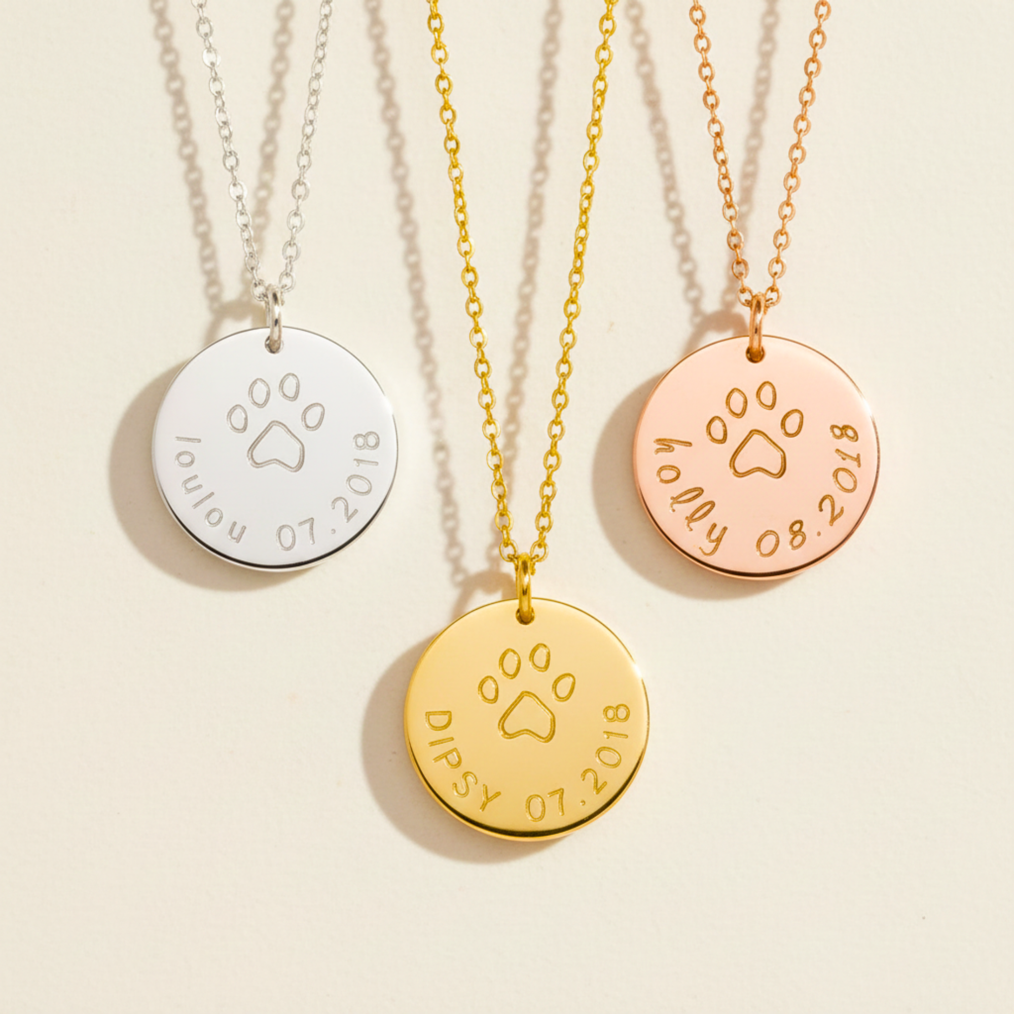 Name and Date Dog Paw Necklace, 5/8" Disc