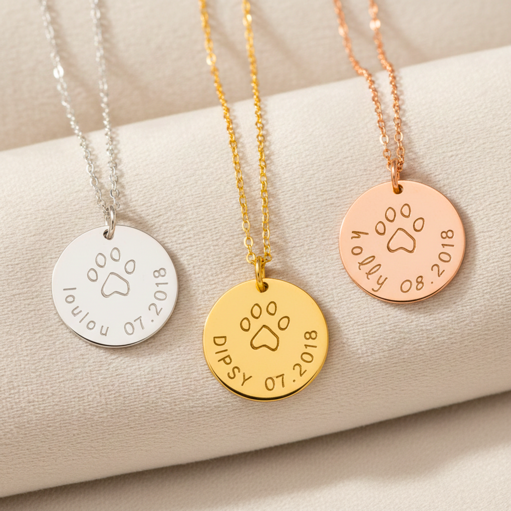 Name and Date Dog Paw Necklace, 5/8" Disc