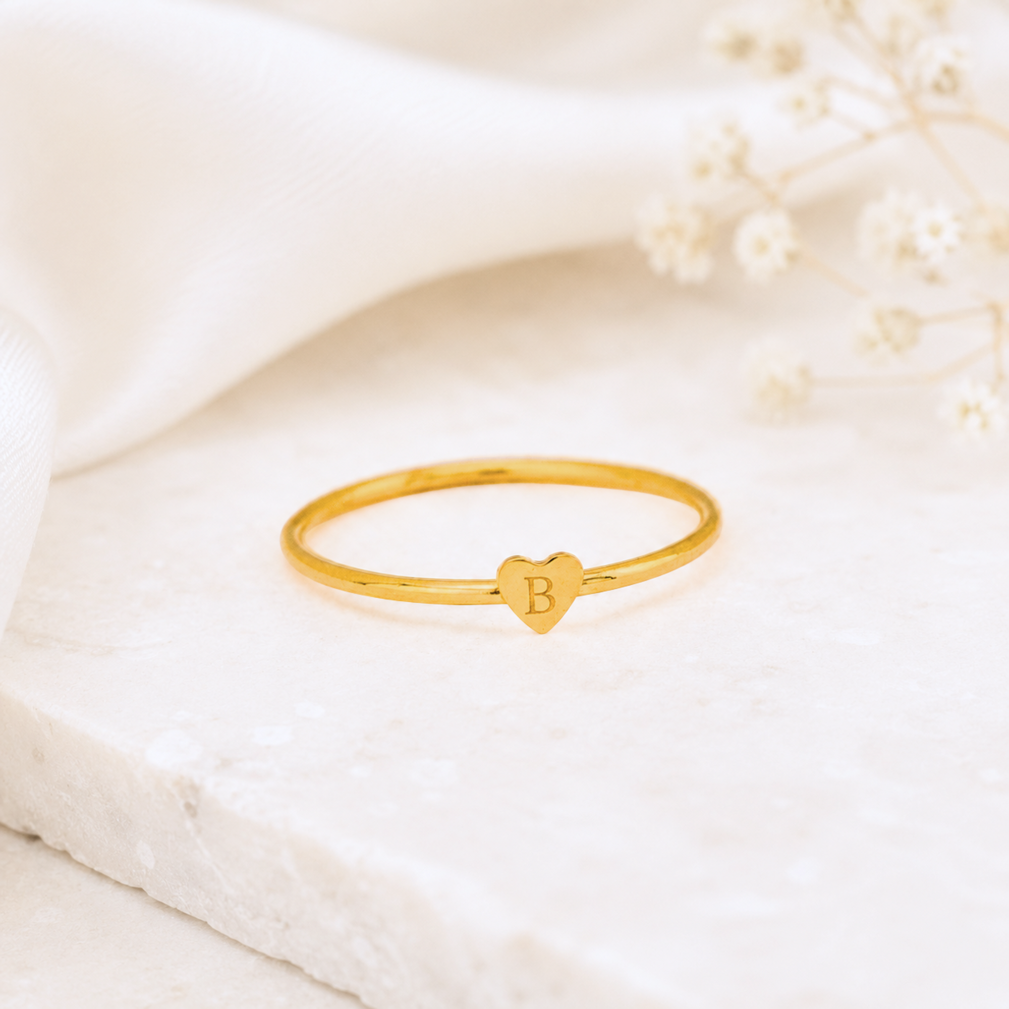 Personalized Tiny Heart Ring, Engraved Initial Ring Gold or Silver, Stacking Letter Ring