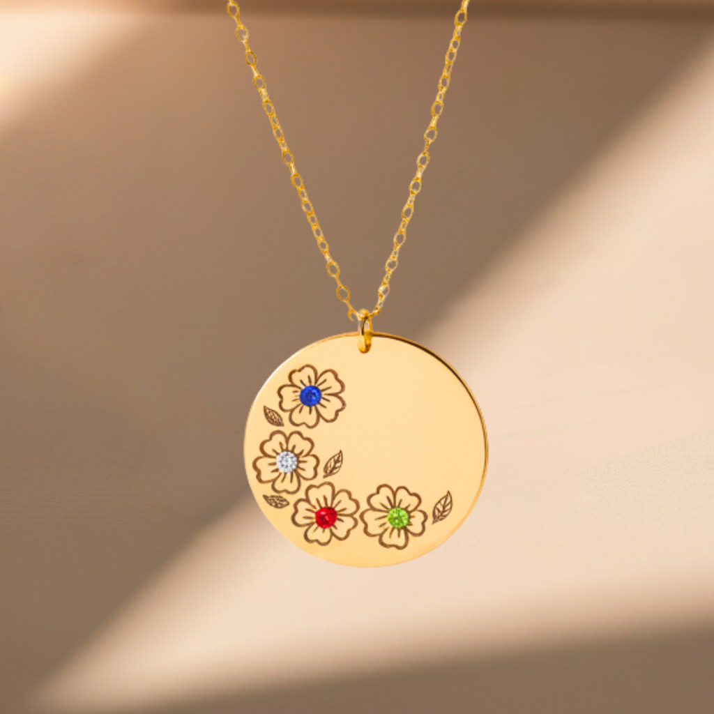 Birth Flower Circle Disc Pendant Necklace, 1-inch Disc