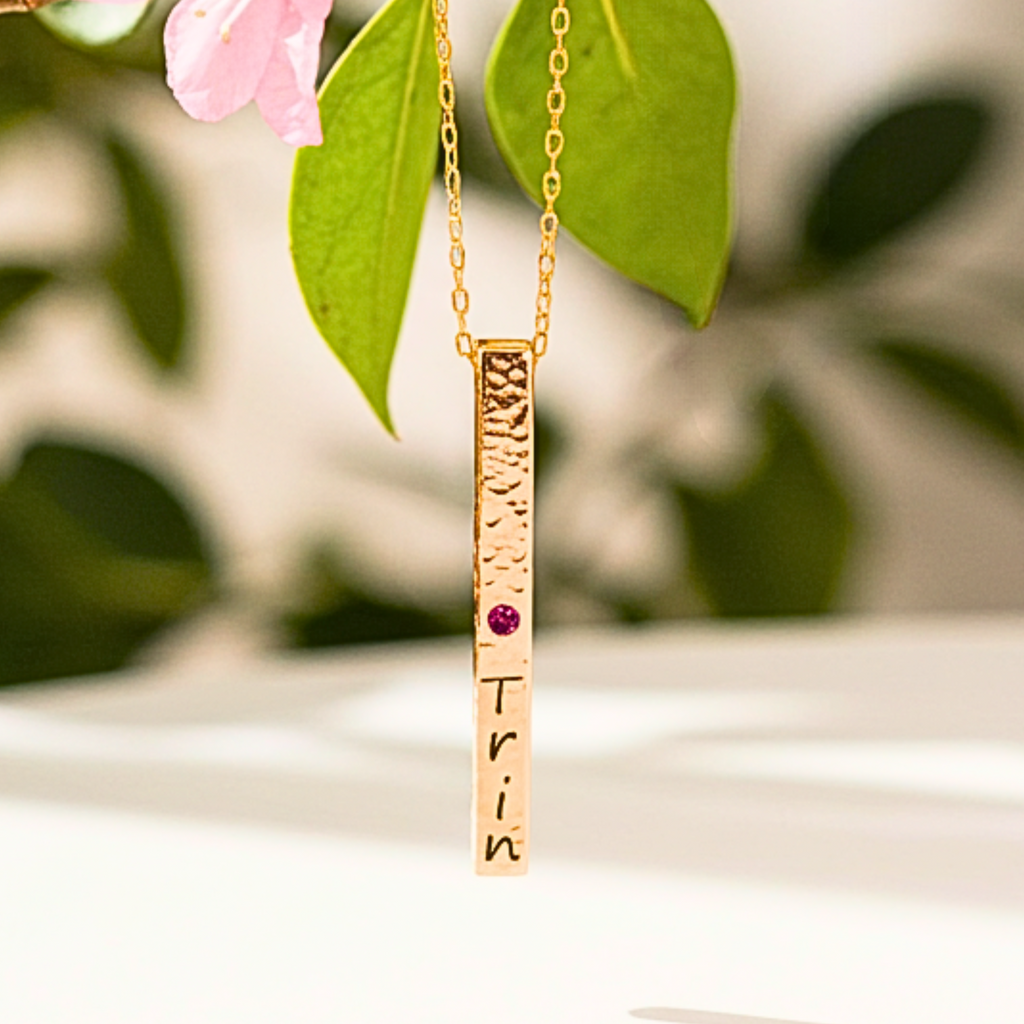 Personalized Four Sided Name Bar Necklace with Birthstone