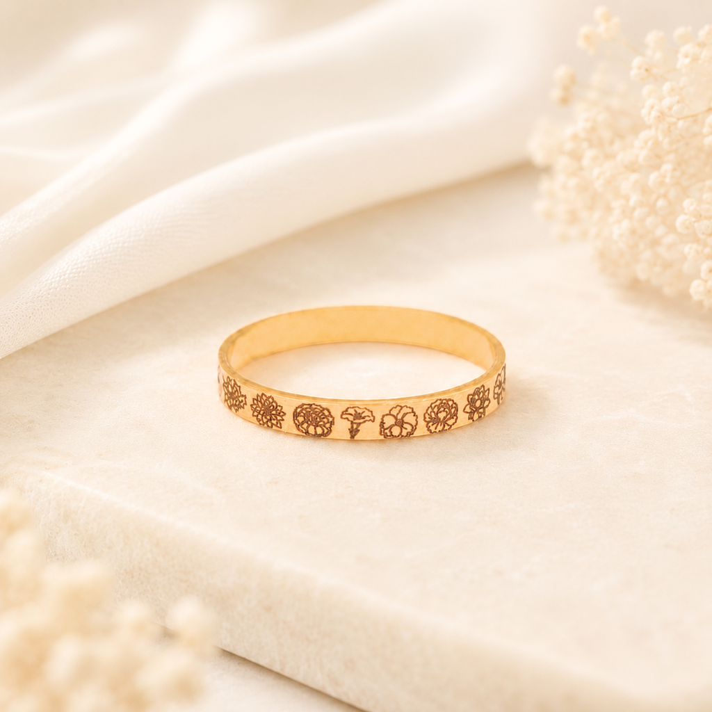 Personalized Birthflower Ring, Engraved Birth Flowers Band Ring Gold or Silver or Rose Gold, Stacking Floral Ring