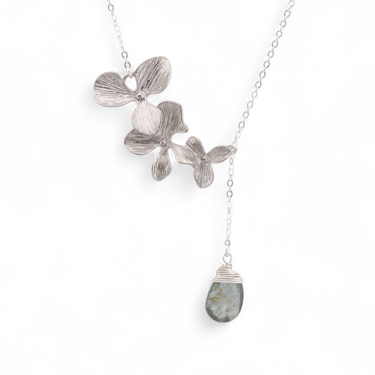 Floral Trio Orchid Pendant Lariat Necklace with Wirewrapped Birthstone