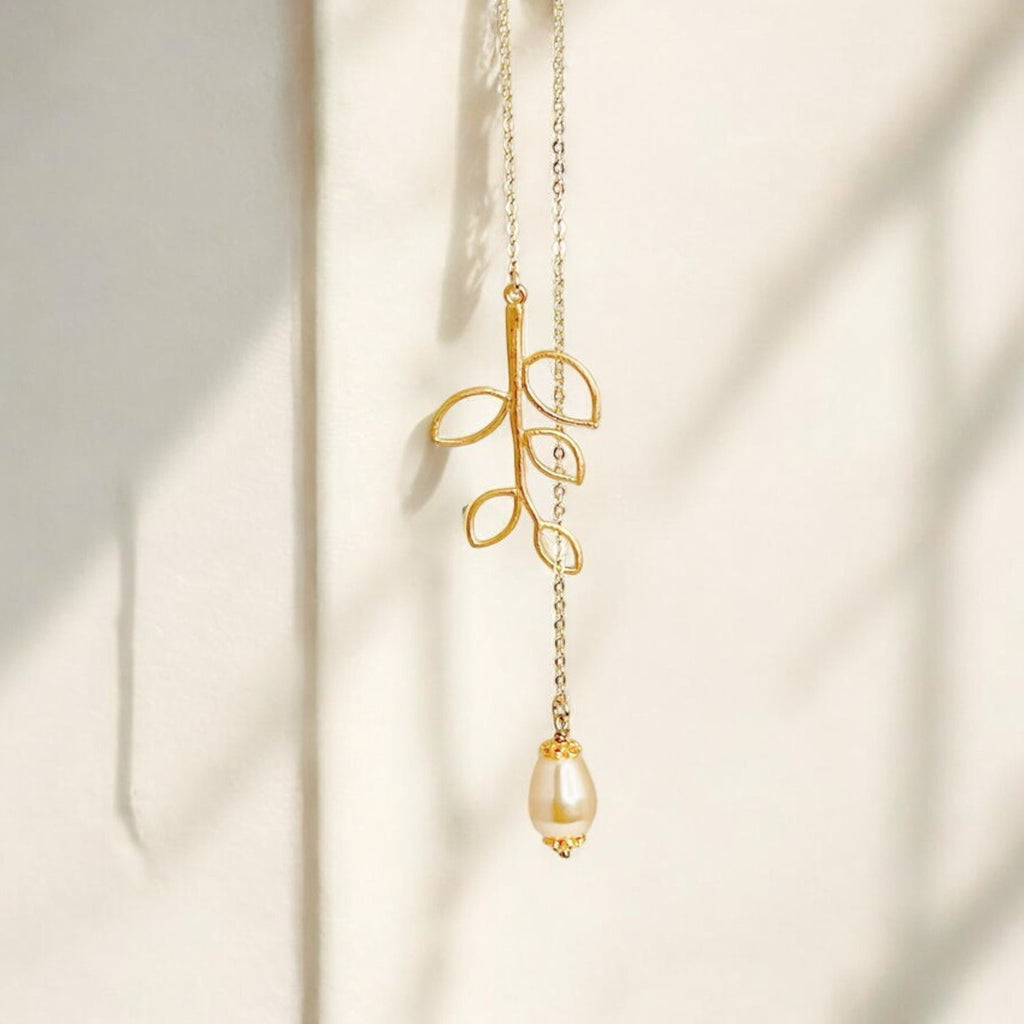 Dainty Teardrop White Pearl on Branch Leaf Necklace